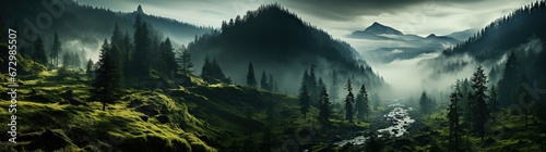 Amazing mountain forest in the fog concept of travel © Neuroshock