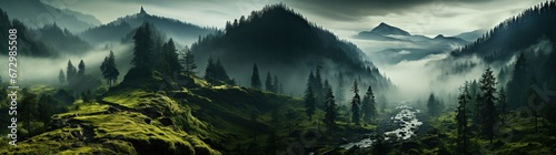 Amazing mountain forest in the fog concept of travel