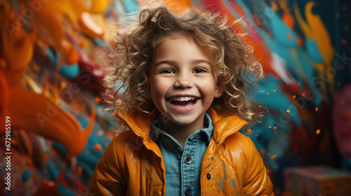 Happy laughing kid smeared in colourful paint © Neuroshock
