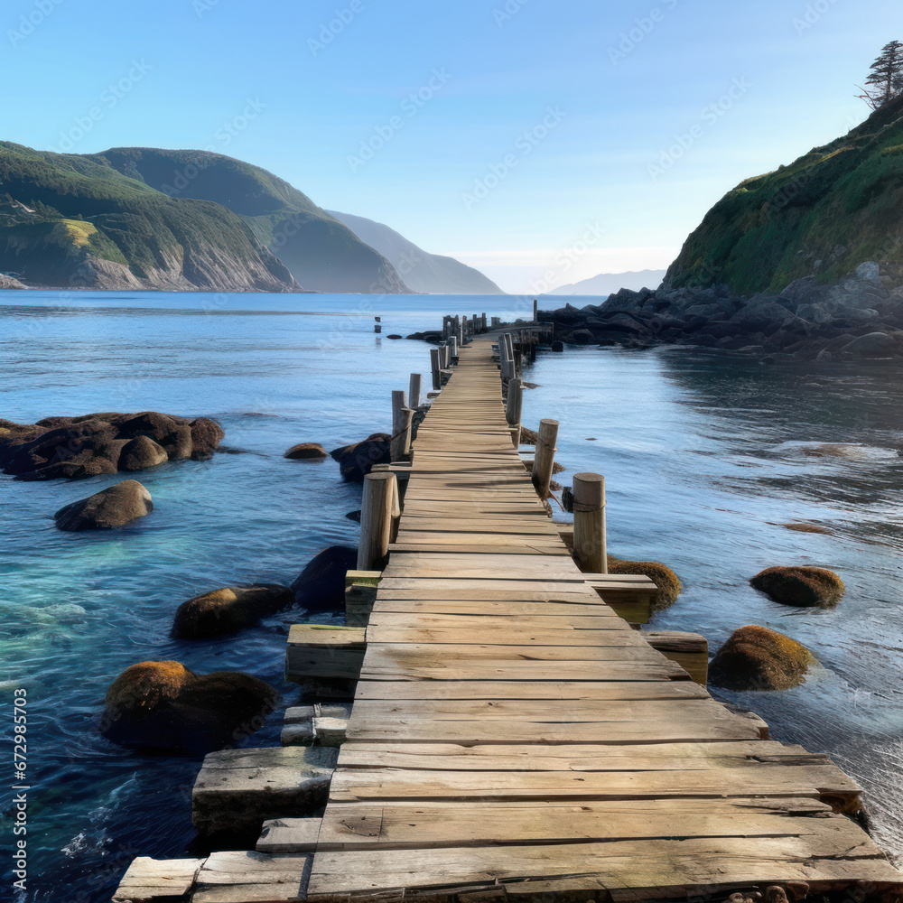 Fototapeta premium A calm Pacific coast facing the rocky cliffs 