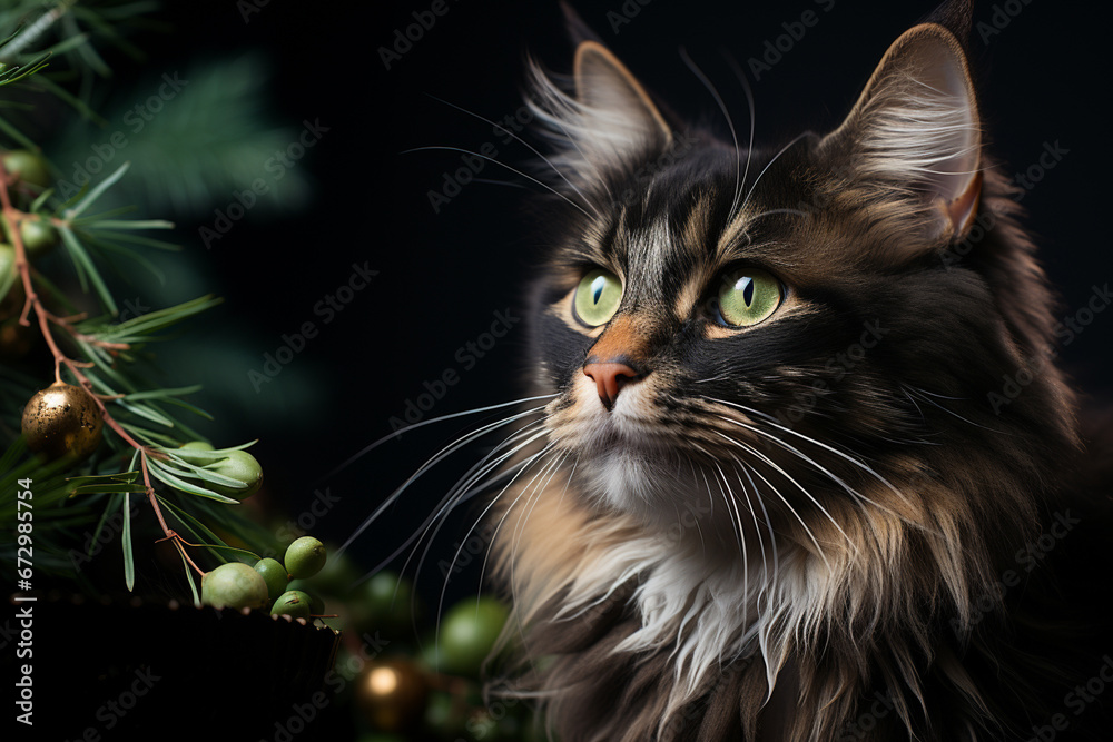  Close-up part of a tricolor cat's face nst a black background