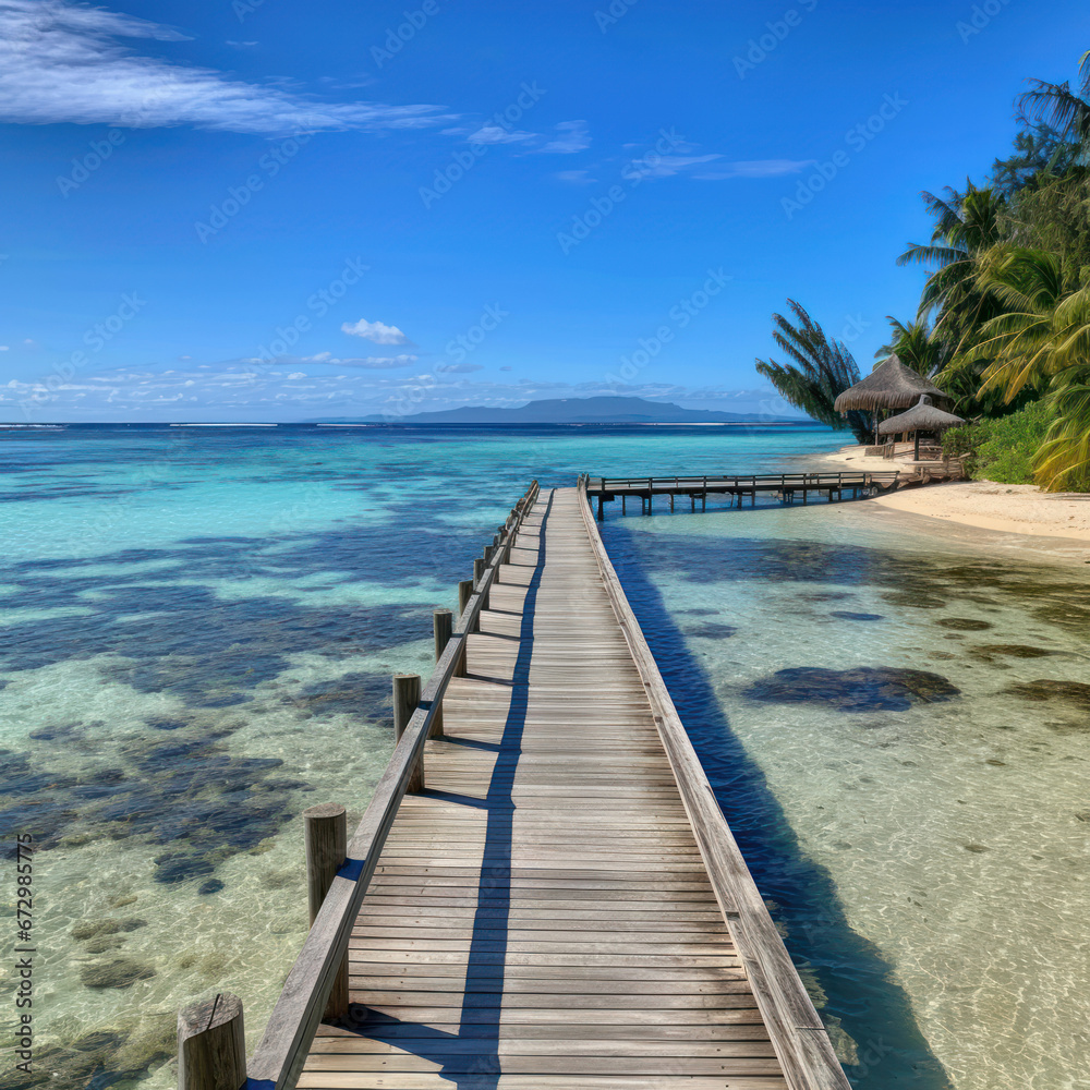 A remote Pacific Island beach facing the coral 
