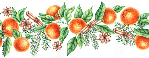 Christmas horizontal pattern with tangerines, pine needles photo