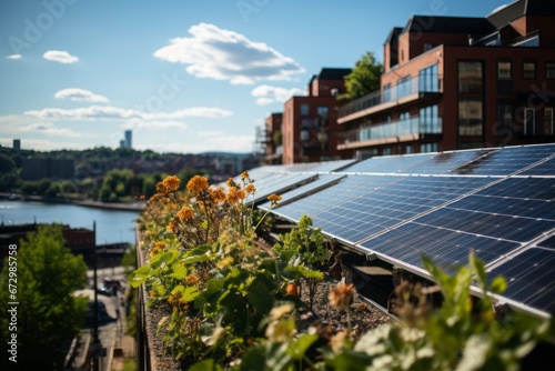 Rooftop solar panels, technician, Oslo City Hall backdrop; urban sustainability under Nordic skies, Oslo's radiant future. photo