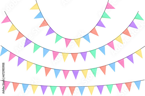 Birthday bunting garlands with flags made of shredded pieces of fabric. Decorative multicolored party pennants for festival, party celebration.