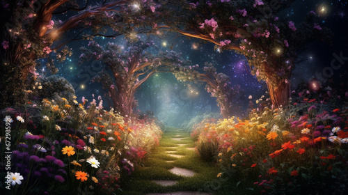 fantasy forest fairy tale background. colorful trees and flowers in the night with light. dreamy woods landscape scene 