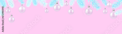 Horizontal banner with frame of bright blue fir branches and pink balls on pastel background. Christmas holiday greeting card with space for text.