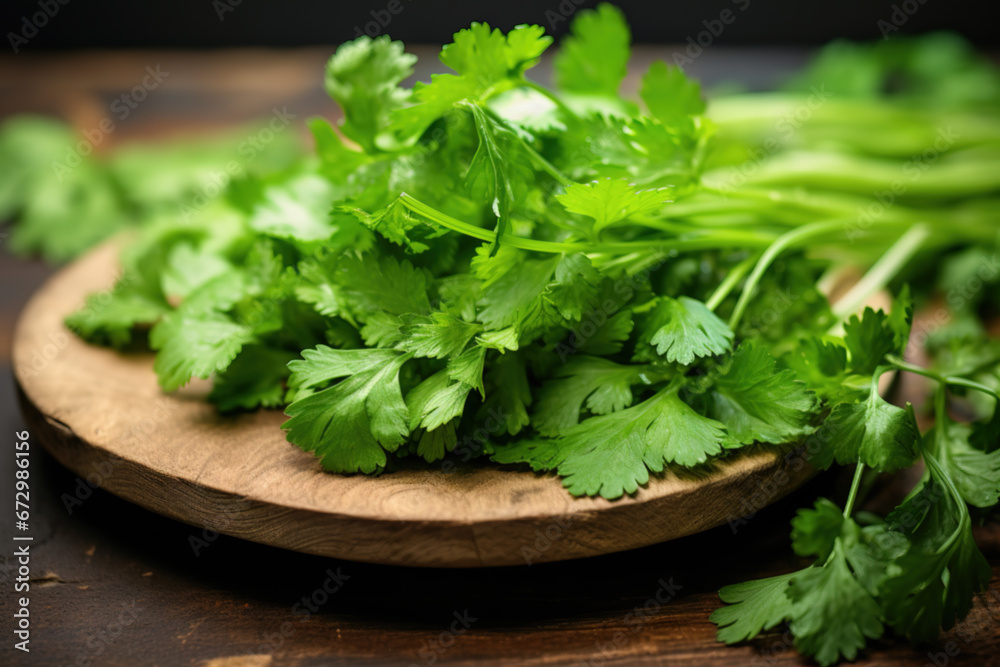 A bunch of fresh, vibrant green parsley on a thin wooden plate with a slightly blurred background A bunch of fresh, vibrant green parsley on a thin wooden plate with a slightly blurred background