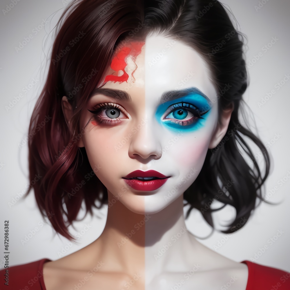 Fototapeta premium 半顔メイク、ハーフメイクアップ、半分、殺人ピエロ, generative ai, 