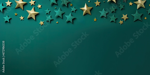 Green Christmas banner with copy space. Christmas decoration with presents on green background