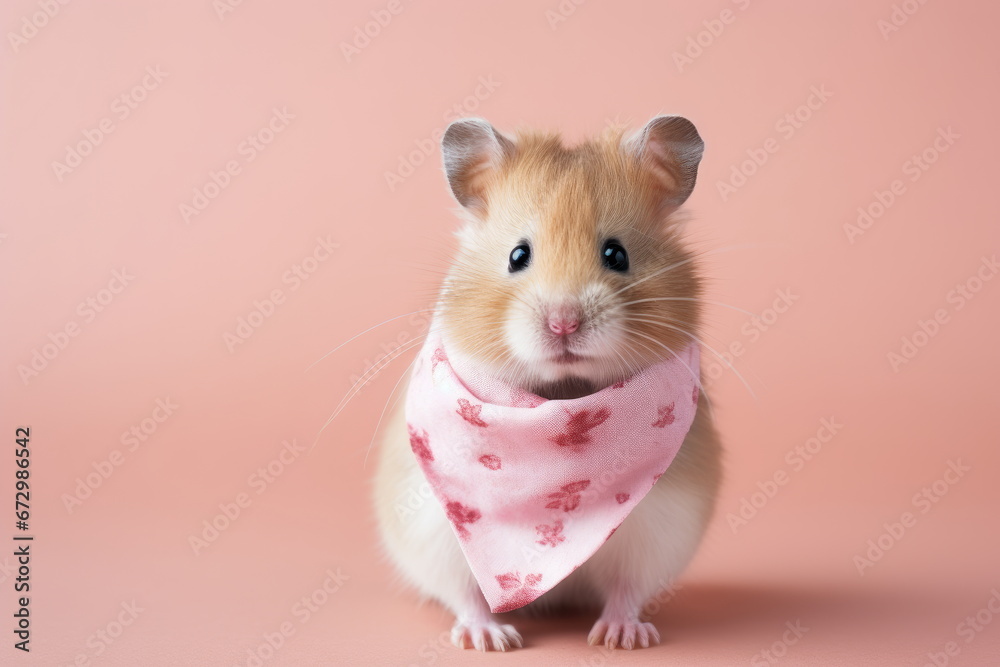 Cute Valentine Animal Hamster Pet on Pastel Pink and Red Studio Hearts Background - Celebrating Valentine's Day with Love, Affection, and Adorable Companionship, with Space for Your Heartfelt Message
