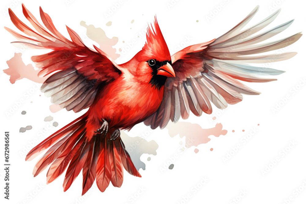 Watercolor bird illustration: A flying cardinal bird - obrazy, fototapety, plakaty 
