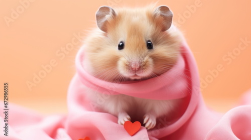 Cute Valentine Animal Hamster Pet on Pastel Pink and Red Studio Hearts Background - Celebrating Valentine's Day with Love, Affection, and Adorable Companionship, with Space for Your Heartfelt Message