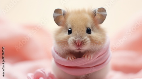 Cute Valentine Animal Hamster Pet on Pastel Pink and Red Studio Hearts Background - Celebrating Valentine's Day with Love, Affection, and Adorable Companionship, with Space for Your Heartfelt Message © SueFox