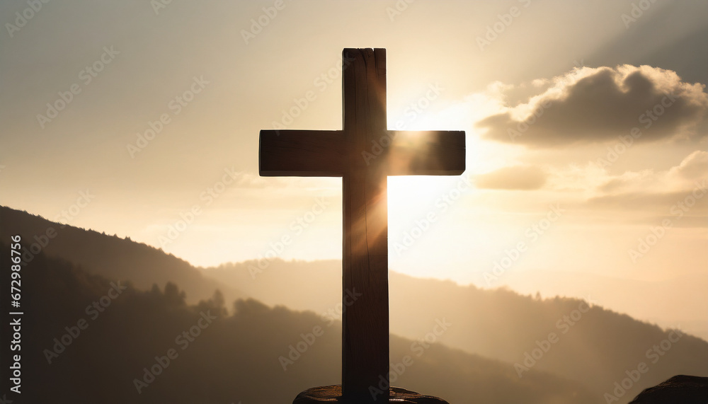 religious cross stands tall against a vibrant sunset, symbolizing faith, hope, and divine connection