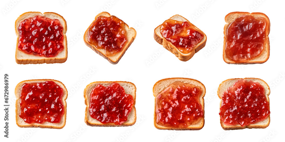 Collection of slices of toasted bread with jam isolated on a transparent background - obrazy, fototapety, plakaty 