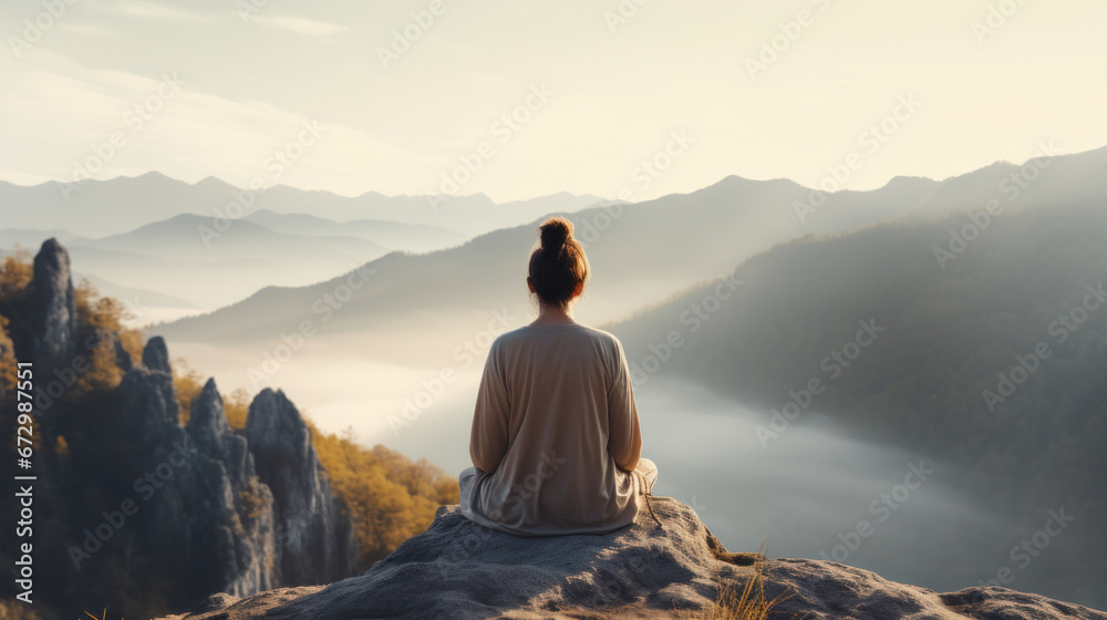 back view of woman is relaxingly practicing meditation yoga at top of mountain, woman with yoga in nature - obrazy, fototapety, plakaty 