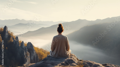 back view of woman is relaxingly practicing meditation yoga at top of mountain, woman with yoga in nature photo