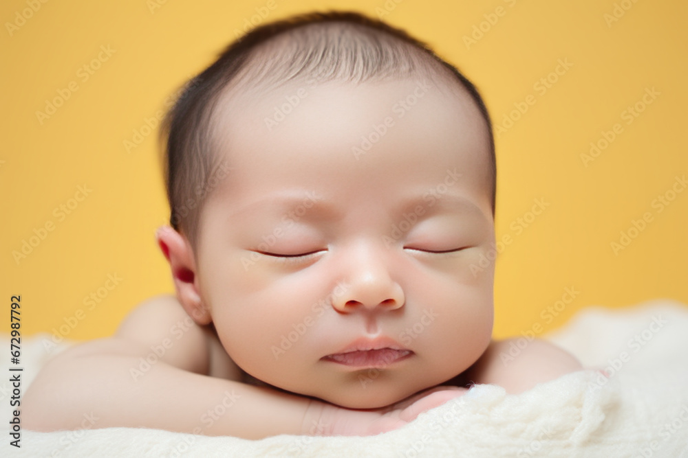 Close up view of cute little newborn baby sleeping on comfortable bed. Close up view of cute little newborn baby sleeping on comfortable bed.