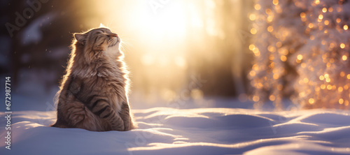 Happy cat with eyes closed outdoors in the snow, winter holiday season, wide banner, copyspace