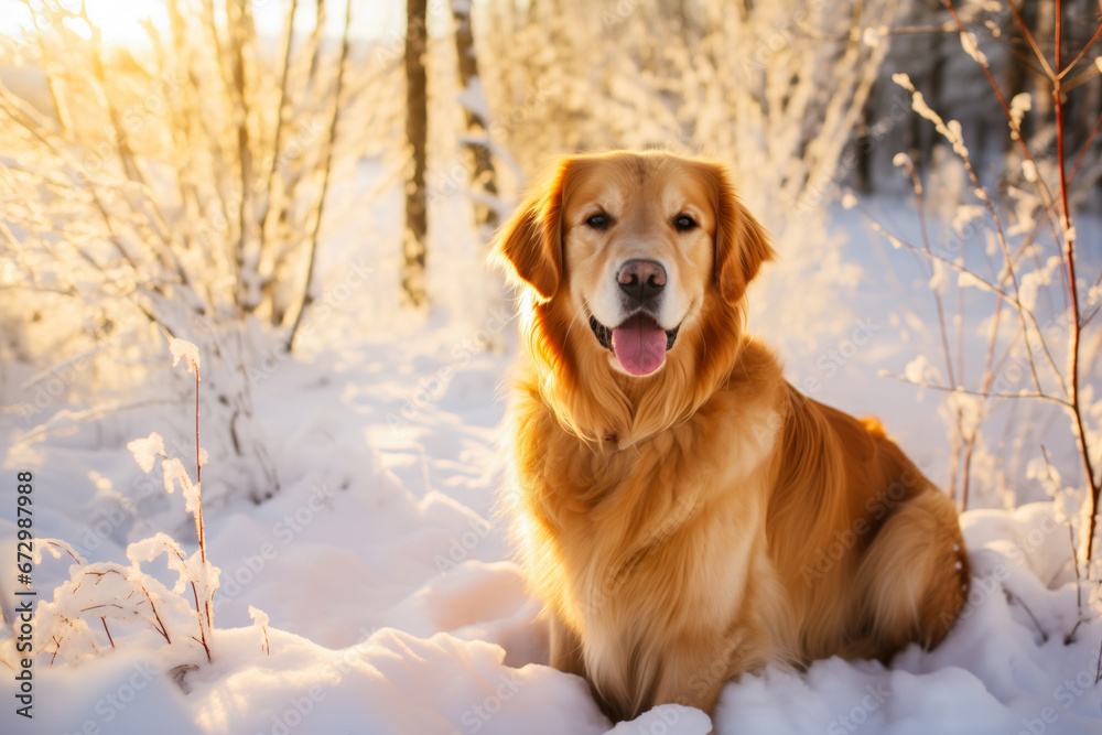 Happy golden retriever dog outdoors in the snow, Christmas winter holiday season