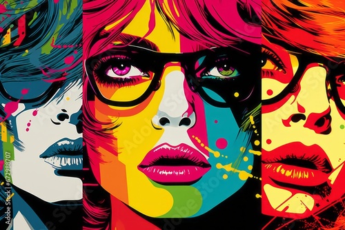  Three different photos of women with glasses  in the style of pop art.