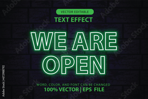 vector editable text effect, neon glow we are open with old school 90s style for promotion of restraurant, bar, cafe or shop vector template