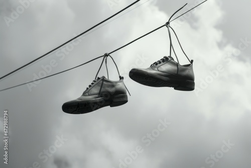 A pair of black shoes hang on wire with clouds in the background, in the style of monochromatic artworks. © Jovial Joint
