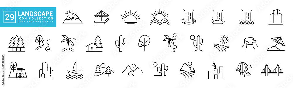 Collection of natural landscapes icon, mountains, waterfalls, beaches ...