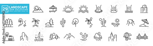 Collection of natural landscapes icon, mountains, waterfalls, beaches, bridges, editable and resizable vector EPS 10. photo