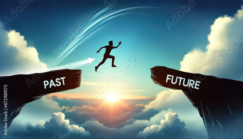 Leap of Progress: Man's Silhouette Jumping from Past to Future Over Cliff with Cloudy Sky Backdrop – Inspiration and Continuous Improvement Concept photo
