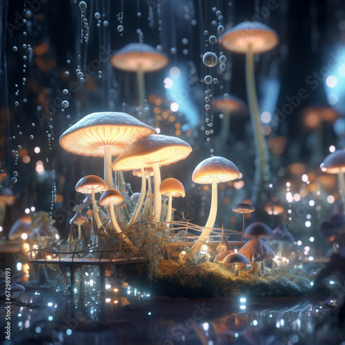a forest with mushrooms and lights lit up around