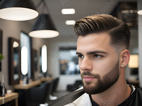 Man with short side part haircut sitting in an hair salon