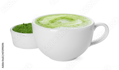 Cup of fresh matcha latte and green powder isolated on white