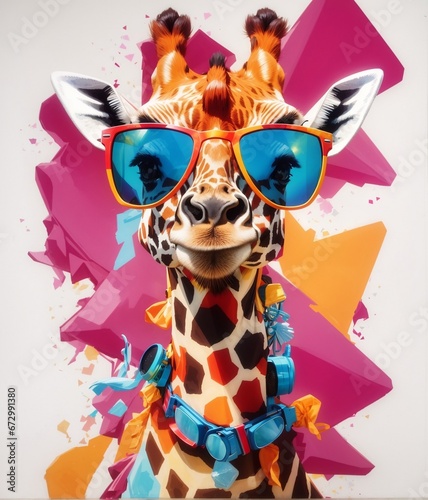 Stylish and Playful. Colorful Giraffe with Sunglasses