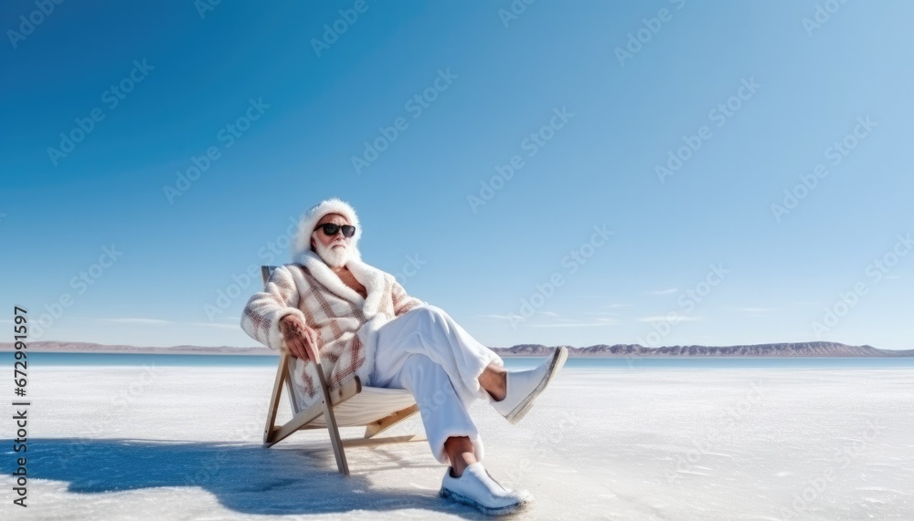 santa claus wearing sunglass and relax sitting on long chair at snow hill
santa claus wearing sunglass and relax sitting on long chair at snow hill