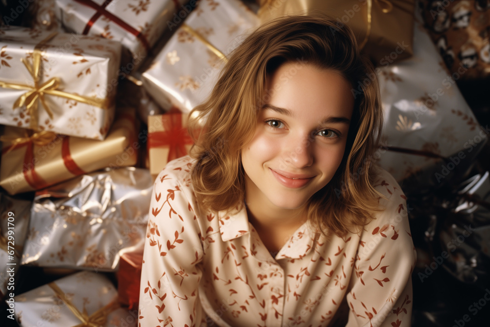 Cozy Festivities: Portrait of a Beautiful Young Woman in Pajamas with Christmas Gifts Cozy Festivities: Portrait of a Beautiful Young Woman in Pajamas with Christmas Gifts