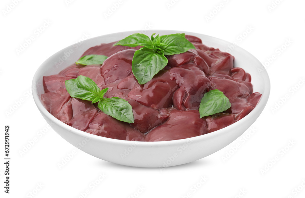 Bowl with raw chicken liver and basil isolated on white
