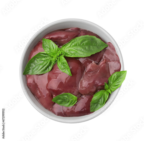 Bowl with raw chicken liver and basil isolated on white, top view