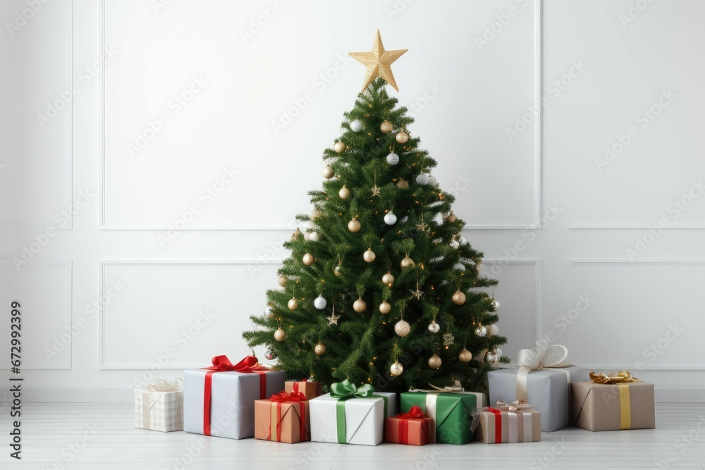 AI generated illustration of a Christmas tree surrounded by presents and a star ornament