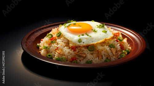 A serving of fried rice with sunny-side-up eggs on top