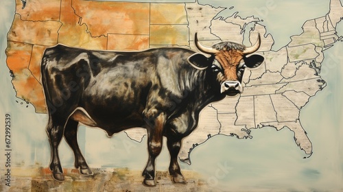 AI generated illustration of a cow with a map of the United States of America in the background