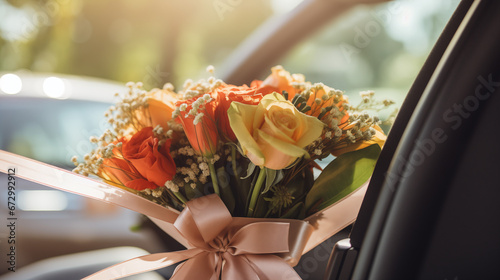 valentines bouquet in the car