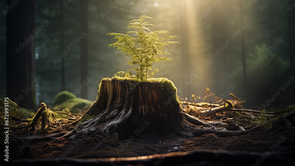 A precious little tree growing from a cut down tree in the forest - obrazy, fototapety, plakaty 