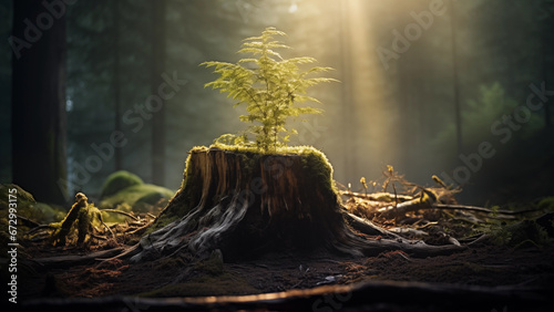 A precious little tree growing from a cut down tree in the forest photo