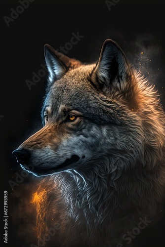 AI generated illustration of a wolf against a black background illuminated by bright lighting