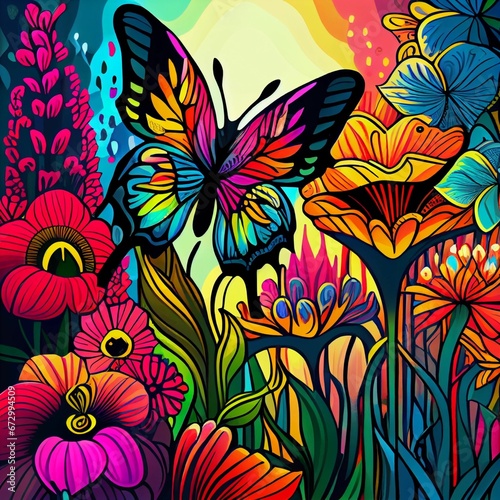 AI-generated illustration of abstract colorful flowers  with a big butterfly