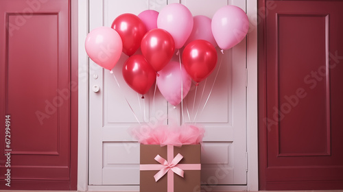 pink and white balloons in front of a house door
