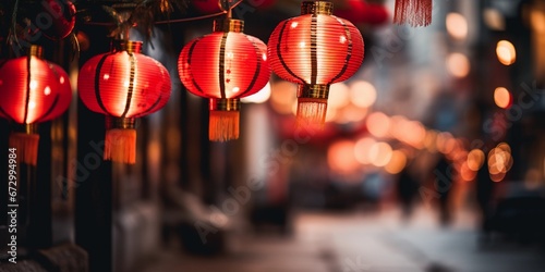 Red hanging lanterns hang on the street to celebrate Chinese New Year