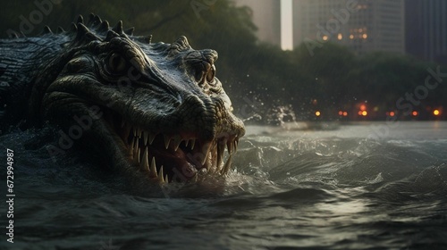 AI generated illustration of a giant kaiju-like alligator in Central Park NY